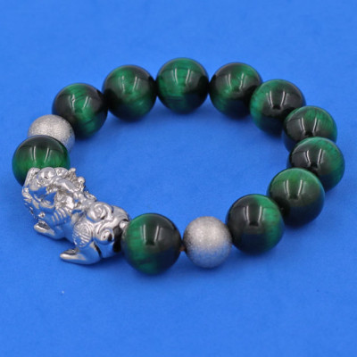 Vòng tay đá Mắt Hổ Xanh Lá 14 ly size lớn mix Tỳ Hưu inox trắng VMHXLTHHBT14 - hợp mệnh Hỏa, mệnh Mộc