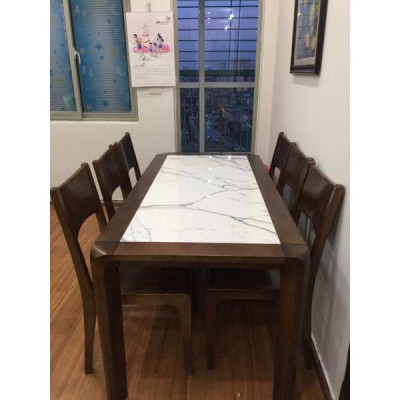 bàn ăn gỗ sồi nga mặt đá phun màu óc chó