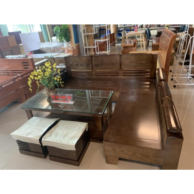 Bàn ghế tiếp khách góc chữ L Gỗ Sồi màu óc chó