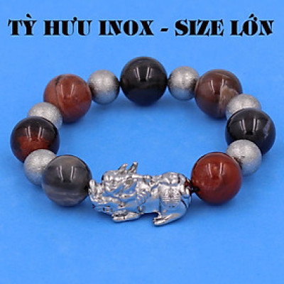 Vòng chuỗi đeo tay gỗ hóa thạch 14 ly ( size lớn ) charm tỳ hưu và bi inox, vòng tay chuỗi hạt