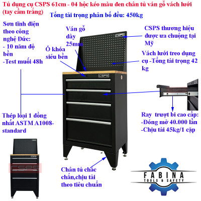 Tủ dụng cụ CSPS 61cm - 04 hộc kéo màu đen chân tủ ván gỗ vách lưới (tay cầm trắng)