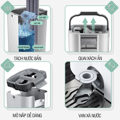 Bộ lau nhà Plus 2 ngăn tự vắt, cây lau nhà xoay 360 độ giúp lau sàn làm sạch