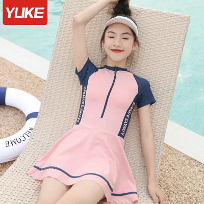 Đồ bơi bé gái 5-18 tuổi liền thân kiểu chân váy hồng phối xanh, Bộ bơi cho bé cao cấp vải co giãn cực tốt