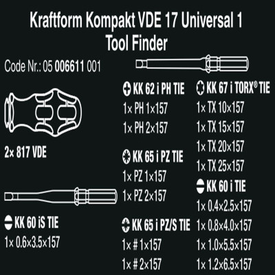 Bộ tua vít cách điện Kraftform Kompakt VDE 17 Universal 1 gồm 4 cạnh, dẹp, hoa thị  các đầu vít thay đổi được gồm 17 chiếc Wera 05006611001