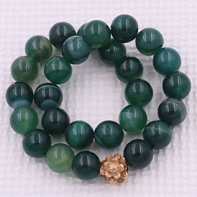 [Mệnh Mộc, Hỏa] Vòng Chuỗi Niệm Phật Đá Mã Não Xanh Lá Sọc 14 Ly 27 Hạt Charm Hoa Sen Inox, Vòng Chuỗi Phật Giáo, Chuỗi Niệm Phật Hạt To - Phong Thủy 868