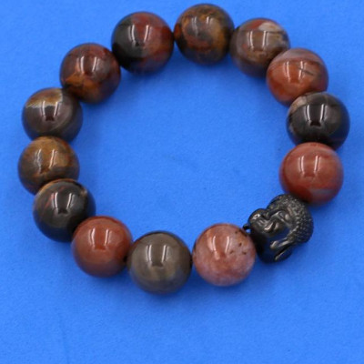 Vòng đeo tay gỗ hóa thạch 14 ly cẩn hạt Phật A Di Đà inox đen VGHTNLE14