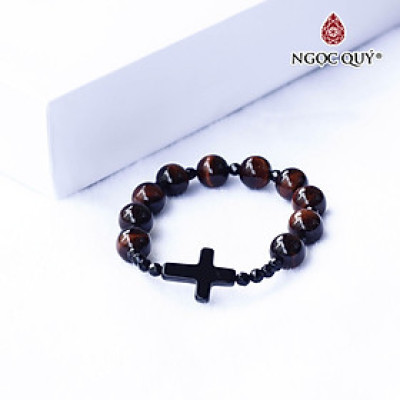 Vòng mân côi thạch anh mắt hổ nâu đỏ phối thánh giá hạt 10mm hợp mệnh thổ, hỏa - Ngọc Quý Gemstones