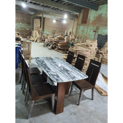 Bàn ăn 6 ghế gỗ Sồi Nga mặt đá, chân chéo