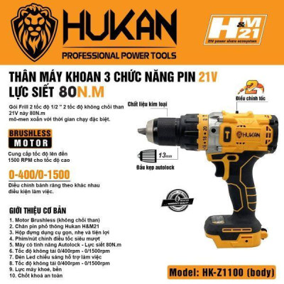 THÂN MÁY KHOAN PIN 13MM  BODY Z1100 HUKAN - HÀNG CHÍNH HÃNG