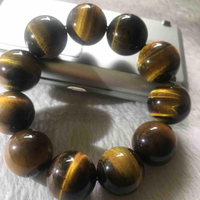 VÒNG HẠT TO 20mm ĐÁ TỰ NHIÊN MẮT HỔ VÀNG NÂU NAM Mạng THỔ KIM
