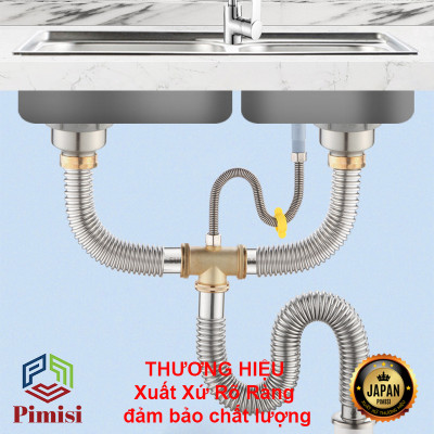 Xi Phông Chậu Rửa Bát 2 Hố Pimisi PXP-31-2 Inox Cao Cấp Kiểu Chun Uốn - Bẻ Cong, cho Bồn Rửa Chén 2 Hộc Đôi | Chính Hãng