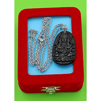 Vòng cổ phật Thiên Thủ Thiên Nhãn - thạch anh đen 3.6cm DITTEB8 - dây inox bạc - kèm hộp nhung - tuổi Tý