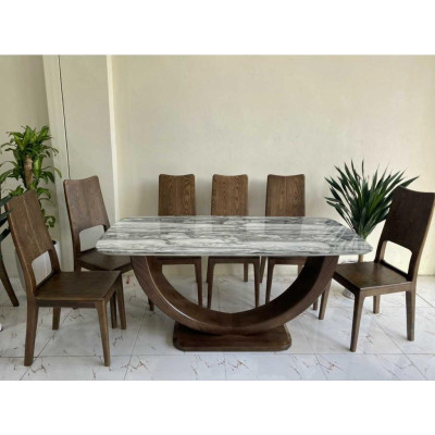 Bàn ăn gỗ sồi 6 ghế chân bán nguyệt