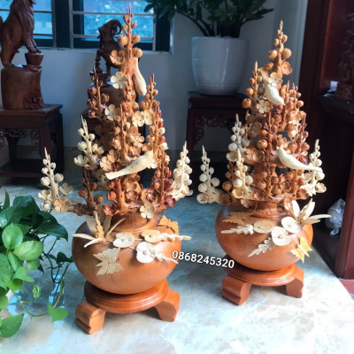 2 bình hoa mai phú quý phong thủy trang trí phòng khách đẹp long lanh bằng gỗ hương kt 80×41×30cm