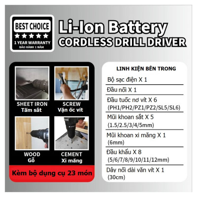 Bộ khoan điện cầm tay chất lượng cao Treny 21V chính hãng – kèm bộ dụng cụ 23 món và bộ sạc - lực xoắn 35N.m -  chuyên khoan tường, khoan gỗ, khoan sắt và khoan bê tông.