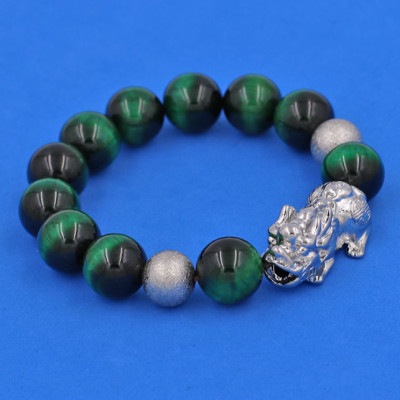 Vòng tay đá Mắt Hổ Xanh Lá 14 ly size lớn mix Tỳ Hưu inox trắng VMHXLTHHBT14 - hợp mệnh Hỏa, mệnh Mộc