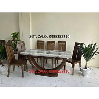 Bàn ăn gỗ sồi 6 ghế chân bán nguyệt