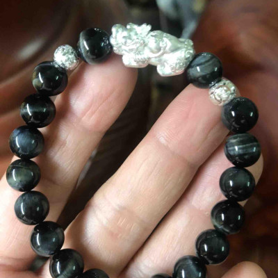 VÒNG TỲ HƯU HỒ LÔ BẠC 8MM ĐÁ MẮT HỔ ĐEN XANH NỮ MỆNH THỦY MỘC ĐÁ THIÊN NHIÊN