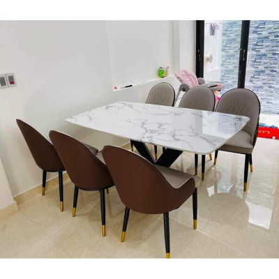 Bộ bàn ăn chân X 1m6 + 6 ghế Monet có tay mặt đá ceramic  Thương hiệu Nội Thất Bình Long 