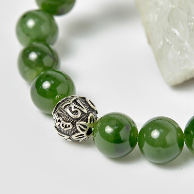 Vòng nam ngọc bích phối charm lục tự bạc hạt 12mm , đk 52mm mệnh hỏa, mộc - Ngọc Quý Gemstones