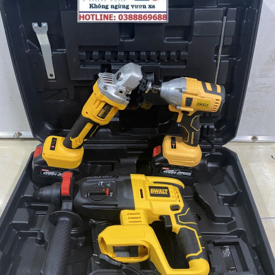 Bộ Combo 3 Trong 1 Gồm Máy Khoan Đục Bê Tông, Máy Mài Và Máy Siết Bulong Dùng Pin 199V, 2 Pin 15 Cell, Động Cơ Không Chổi Than (Tặng kèm hộp đựng)