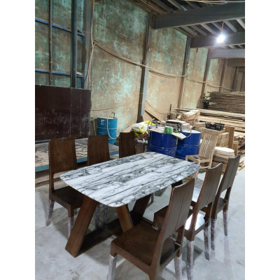 Bàn ăn 6 ghế gỗ Sồi Nga mặt đá, chân chéo