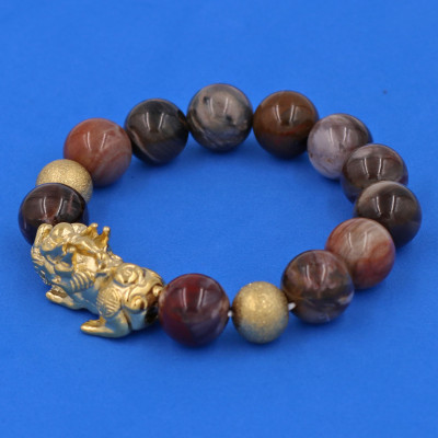 Vòng chuỗi đeo tay gỗ hóa thạch 14 ly ( size lớn ) charm tỳ hưu và bi inox, vòng tay chuỗi hạt