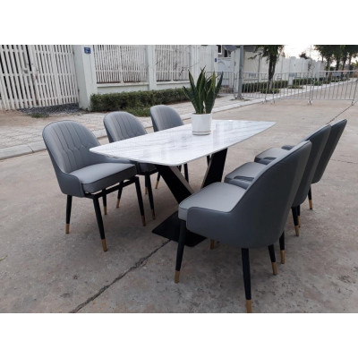 Bộ bàn ăn chân X 1m6 + 6 ghế Monet có tay mặt đá ceramic  Thương hiệu Nội Thất Bình Long 