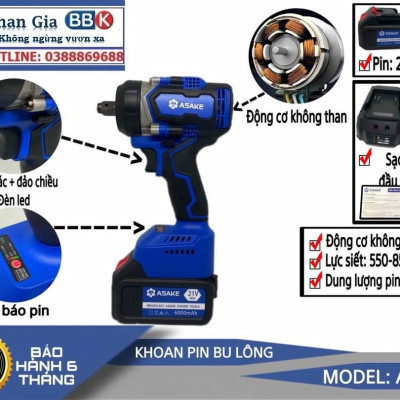 Máy Siết Bulong ASAKE 21V Lực Siết 380NM - Động Cơ Không Chổi Than Siêu Mạnh Mẽ, 100% Dây Đồng - Bảo Hành 12 Tháng