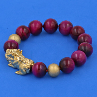 Vòng chuỗi đeo tay đá mắt hổ hồng 14 ly ( size lớn ) charm tỳ hưu và bi inox vàng, vòng tay chuỗi hạt