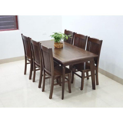 bàn ghế ăn gỗ sồi 80x1m6 gồm 6 ghế phun màu óc chó