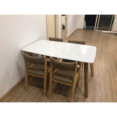 Bộ bàn ăn benla mặt đá 1m4 + 4 ghế benla màu tự nhiên  Thương hiệu Nội Thất Bình Long 