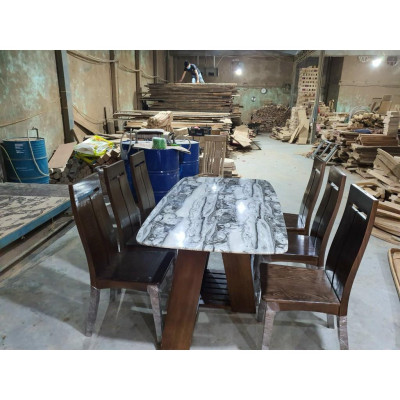 Bàn ăn 6 ghế gỗ Sồi Nga mặt đá, chân chéo