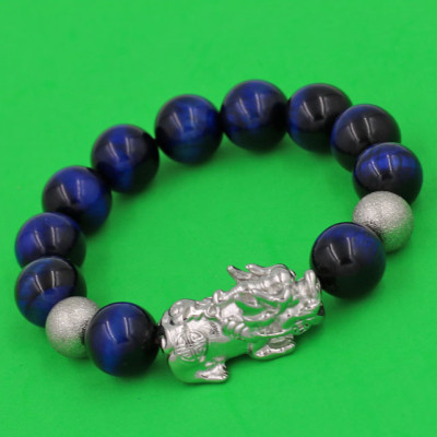 Vòng tay Đá Mắt Hổ Xanh Đen 14 ly charm Tỳ Hưu inox bạc VMHXETHHBT14 - hợp mệnh Mộc, mệnh Thủy - Vòng đeo tay size lớn