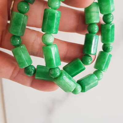 Vòng đeo tay nữ đá cẩm thạch xanh mix kiểu hạt ống vuông dài tròn size 10mm Nữ mệnh mộc hỏa thủy đeo xinh may mắn ạ