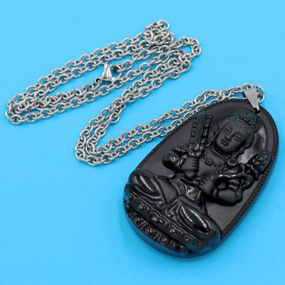 Dây chuyền mặt Hư Không Tạng Bồ Tát - thạch anh đen 5cm DITTEN6 - dây inox - tuổi Sửu, Dần