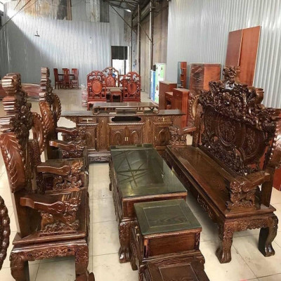 Bộ Bàn Ghế Nghê Đỉnh Rồng Phương Gỗ Mun Đuôi Công