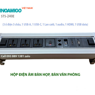 Ổ cắm âm bàn họp, bàn văn phòng Sinoamigo STS-240E, xoay 180 độ, tích hợp đầy đủ ổ cắm cần thiết cho văn phòng