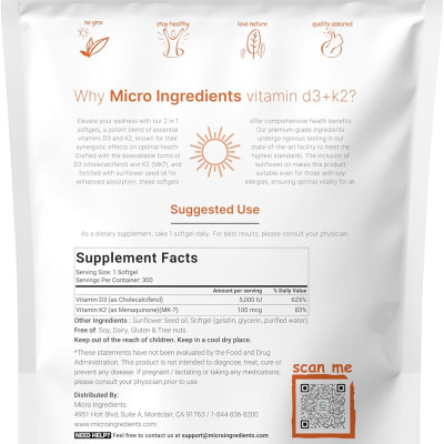 Micro Ingredients Vitamin D3 K2 MK7 (300 viên) - Hỗ Trợ Xương Chắc Khỏe, Giảm Mệt Mỏi Căng Thẳng Khi Tập Luyện