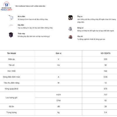 Quạt hút âm trần nối ống gió Mitsubishi VD-15Z4T6 12W Made in ThaiLand HÀNG CHÍNH HÃNG