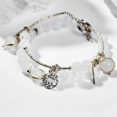 Vòng Tay Phong Thủy 2 Lines Nữ Đá Thạch Anh Ưu Linh Trắng Phối Charm Trái Tim (6mm) Mệnh Kim, Thủy Ngọc Quý Gemstones