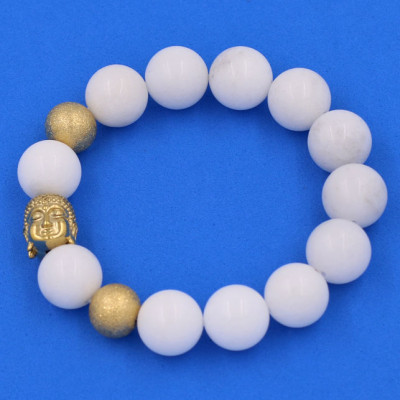 Chuỗi đeo tay San Hô Trắng 14 ly - Vòng tay Phật A Di Đà inox vàng VSHTNLVHB14 - hợp mệnh Kim, mệnh Thủy - Vòng đeo tay size lớn