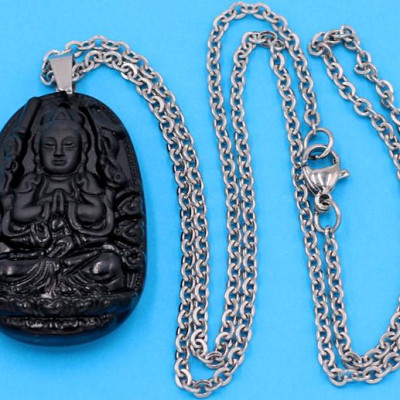 Vòng cổ phật Thiên Thủ Thiên Nhãn - thạch anh đen 3.6cm DITTEB8 - dây inox bạc - kèm hộp nhung - tuổi Tý