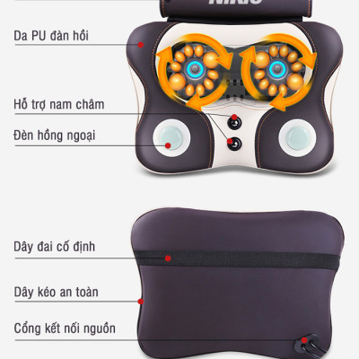 Máy (Gối) Massage Đấm Bóp Cổ Vai Gáy Nikio NK-136AC - Con Lăn 3D Xoa Bóp Chuyên Sâu Kết Hợp Hồng Ngoại Trị Liệu Đau Mỏi Cổ, Hỗ Trợ Mát Xa Lưng