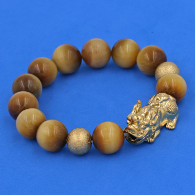 Vòng chuỗi đeo tay đá mắt hổ vàng 14 ly ( size lớn ) charm tỳ hưu và bi inox vàng, vòng tay chuỗi hạt