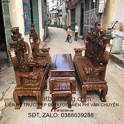 Bộ Bàn Ghế Nghê Đỉnh Rồng Phương Gỗ Mun Đuôi Công