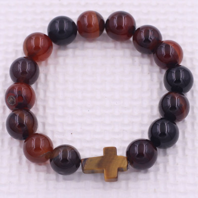 Vòng tay chuỗi hạt Đá Thạch anh Nâu kèm charm Thánh giá Đá Mắt hổ - Chuỗi tay phong thủy Size 8/10/12/14mm - Đem lại Bình an, may mắn