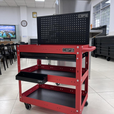 Xe đẩy 3 tầng CSPS màu đỏ, vách lưới và hộc kéo màu đen kèm khay đựng