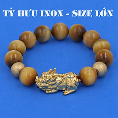 Vòng chuỗi đeo tay đá mắt hổ vàng 14 ly ( size lớn ) charm tỳ hưu và bi inox vàng, vòng tay chuỗi hạt