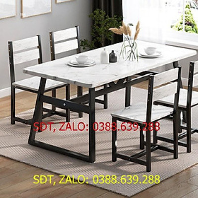 Bàn ăn gỗ 1m4 lắp ghép mặt đá, Bàn phòng bếp chân kim loại cao cấp